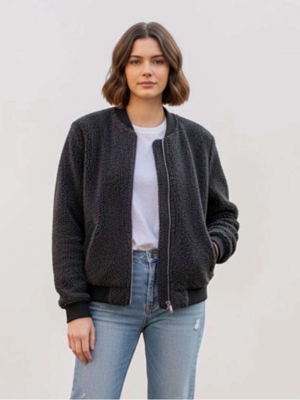 Brandy Melville Fuzzy Sherpa Bomber Jacket - Black/Charcoal One Size